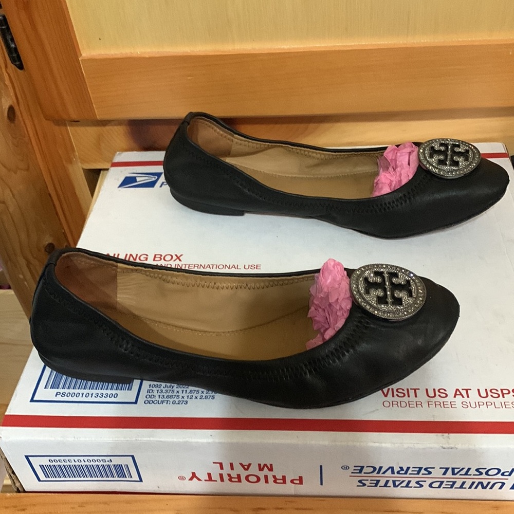 Tory Burch Black Leather Sparkle Logo Flats - Picture 2 of 6